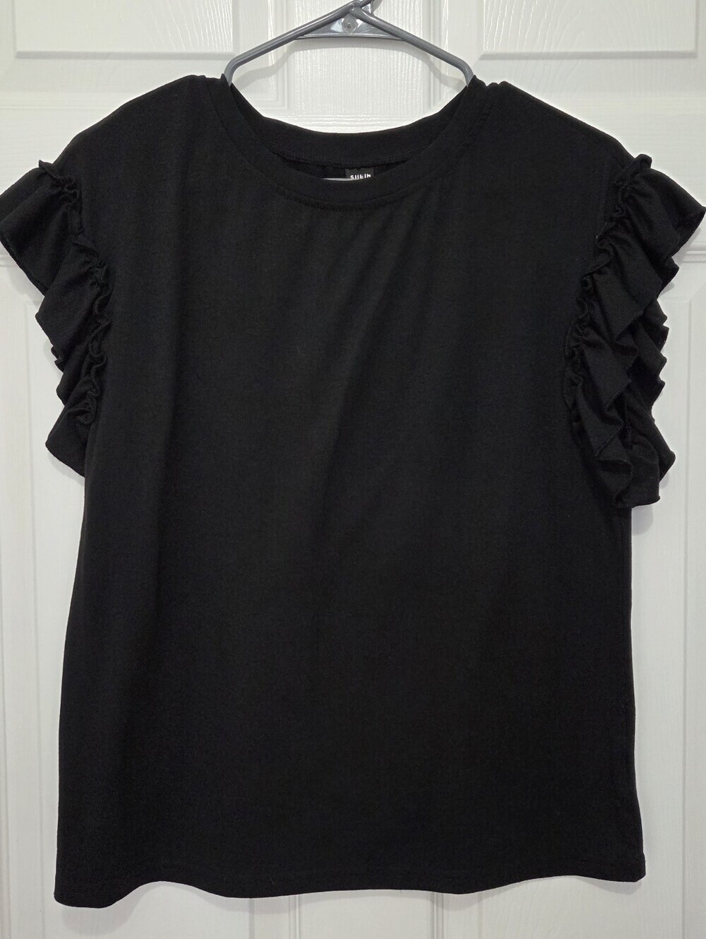 Women Solid Black Ruffle Short Sleeve Crewneck Relax Fit Top Size Medium Casual - Picture 3 of 8
